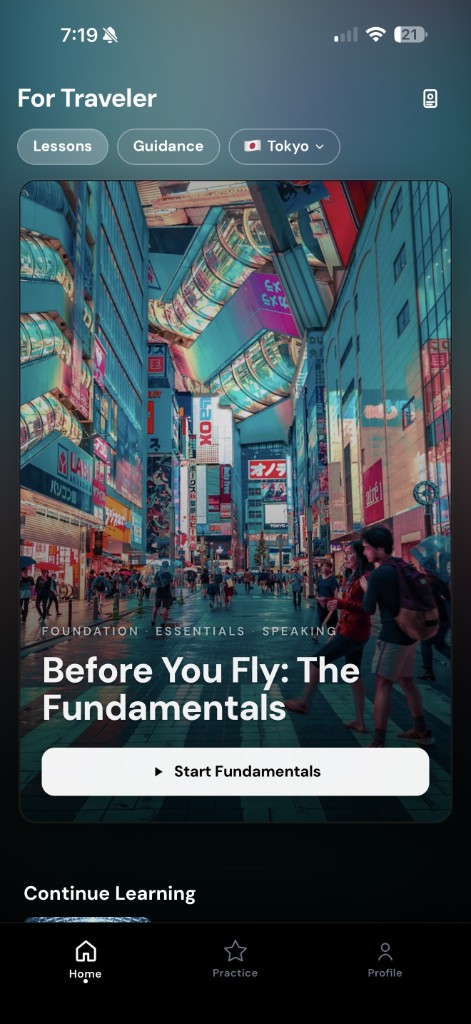 Travel Fluent iOS app — home screen showing the Tokyo lesson